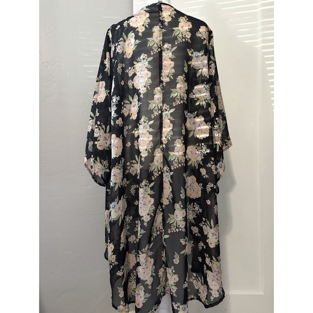 Mudd Sheer Floral Kimono Black Pink Boho Flowy Y2K Chiffon Duster Swim Cover Up - Picture 4 of 8